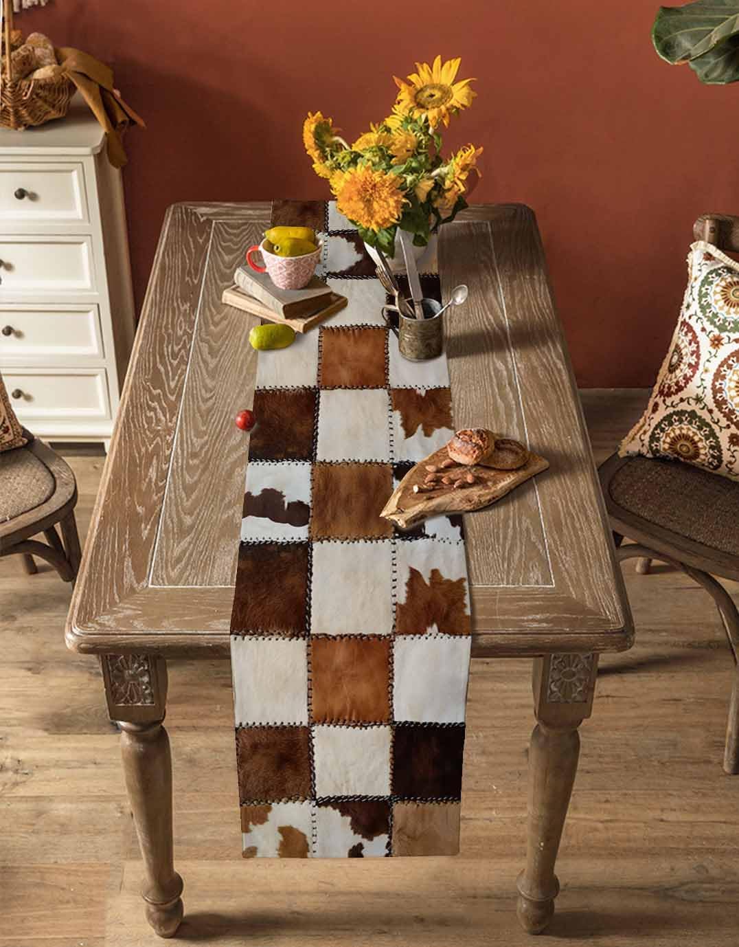 Abstract Cowhides Cotton Linen Table Runner for Dining Kitchen, Wedding Outdoor Party Tablerunners Decoration, Brown Beige Animal Fur Texture Dresser Scarf Coffee Tablecloth Runners 13x108 Inches