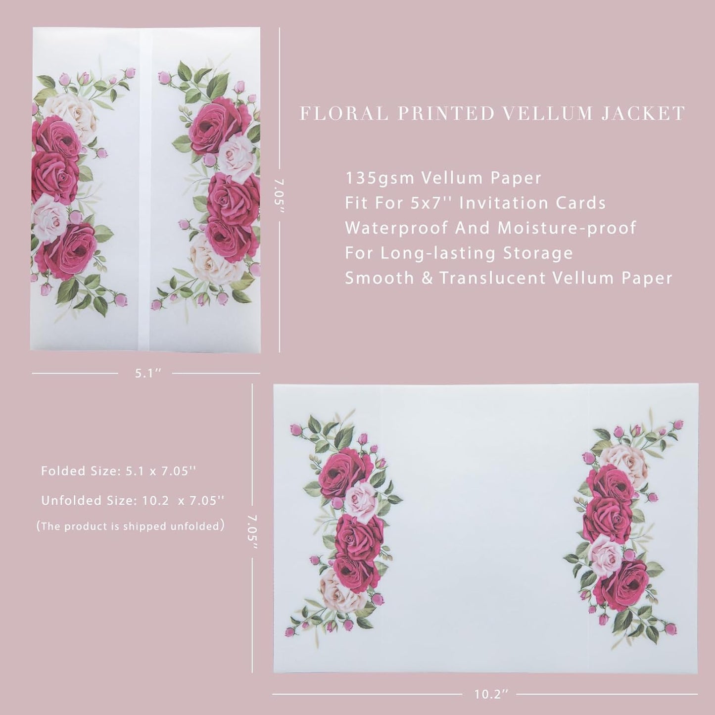 PONATIA 50PCS Vellum Jackets for 5x7 Invitation Cards- 135GSM Fuchsia Flowers Vellum Sleeves Paper 5x7 Jackets - Wedding Invitations Wraps - Transparent Card Jacket
