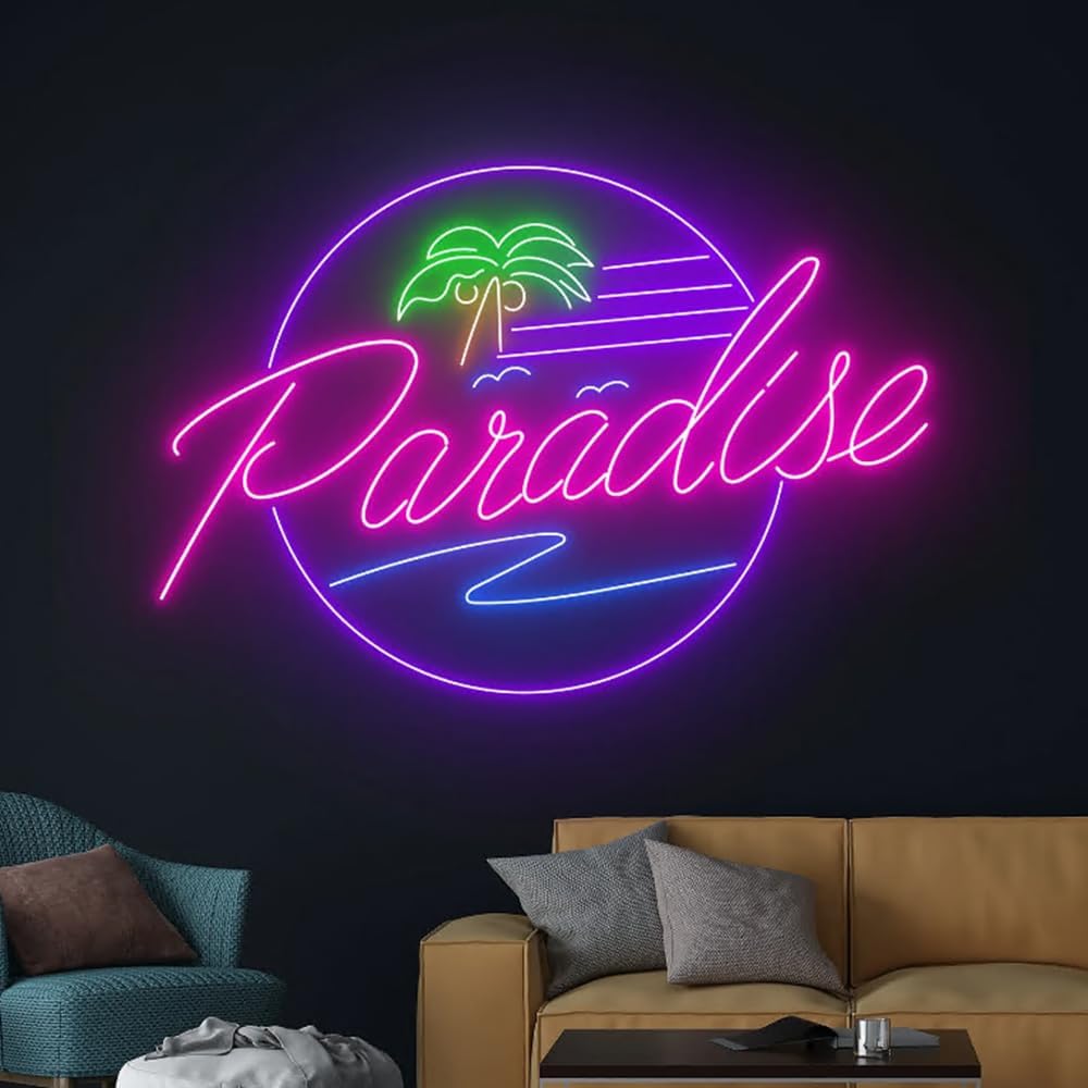 Paradise Ocean Waves Palm Tree Neon Sign, Beach Led Sign, Holiday Led Light, Tropical Island Led Sign, Pool Party Room Wall Decor, Best Gift Size:16inches