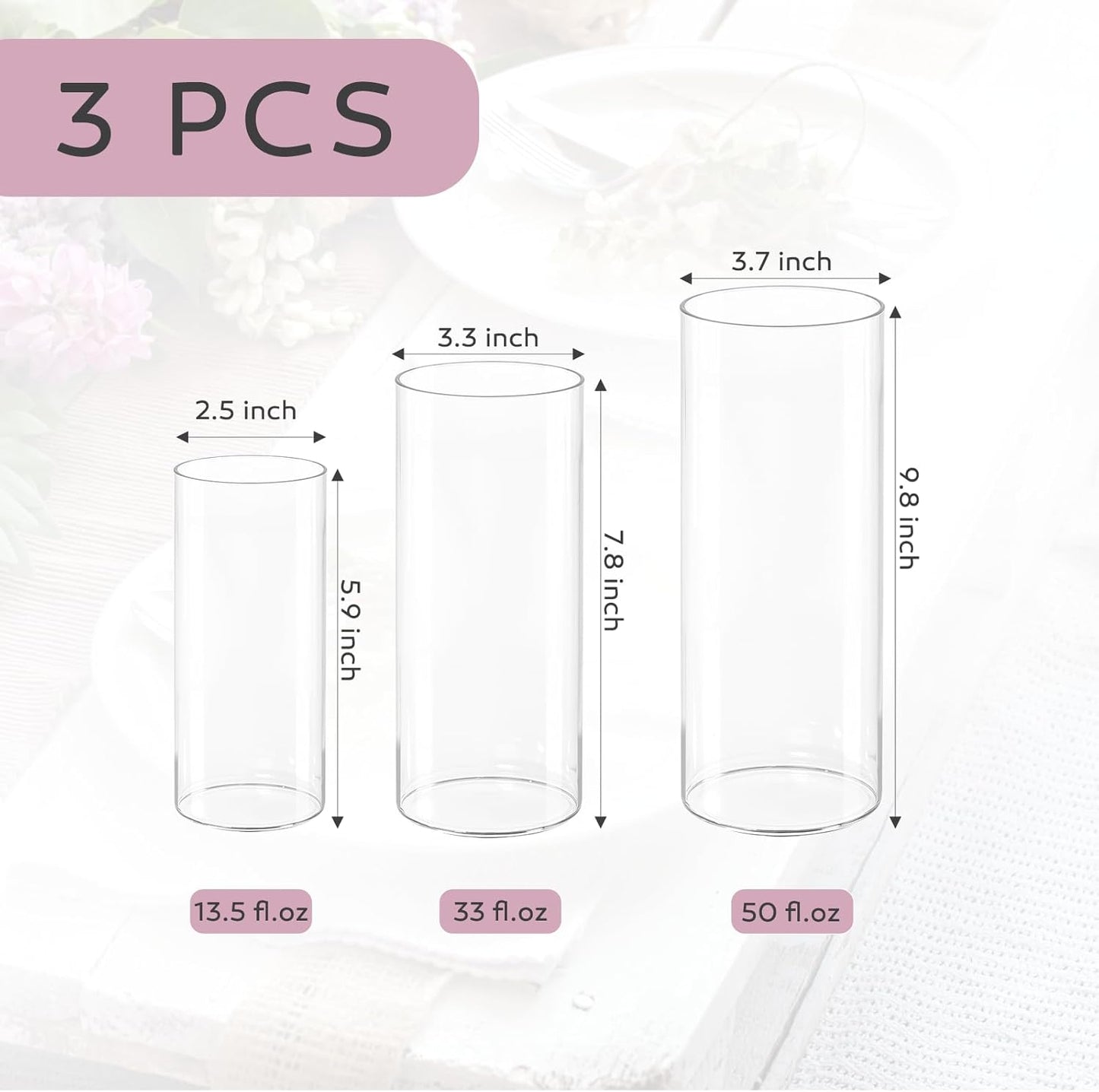 3 PCS Modern Glass Cylinder Vases Set (6/8/10 Inch) – Elegant Bud Vases, Floating Candle Holders & Wedding Centerpiece Displays for Home Decor, Holidays, Housewarming Gifts