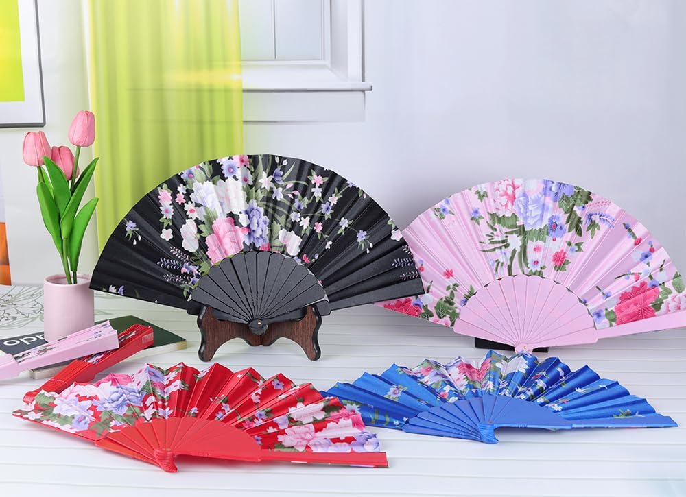 HUNANBANG 4 Pcs Oriental Flowers Japanese Folding Hand Fans Spanish Church Wedding Vintage Gift, Party Favors, DIY Decoration retro Gift Size 8 1/4" Wholesale (4pack)
