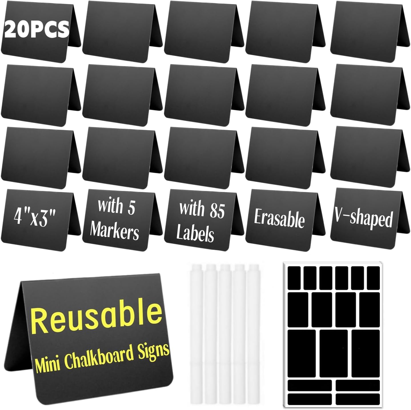 20 Pack Mini Chalkboard Signs for Food Display - 4"x3" Reusable Buffet Food Labels for Party, Catering, Wedding Dessert Table Bakery, with 5 Markers and 85 Labels
