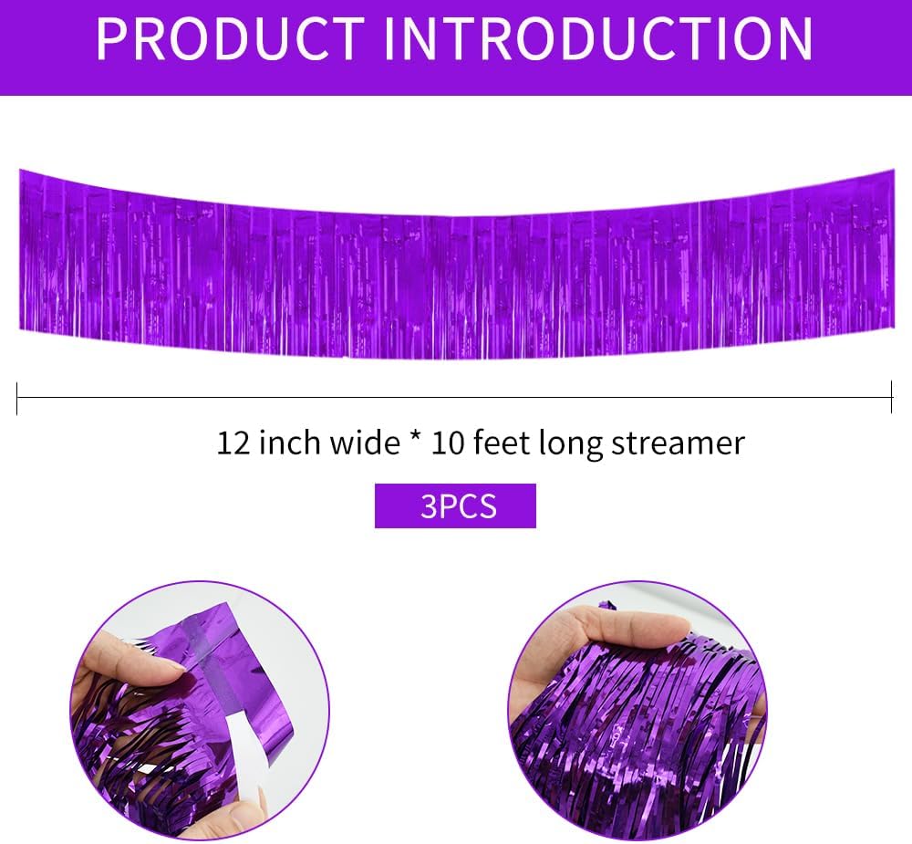 BEISHIDA 3 Packs 30 Feet Metallic Foil Fringe Garland Tinsel Streamers，Shiny Purple Wall Hanging Tinsel Fringe Banners for Wedding Birthday Party Decoration Halloween Christmas New Year