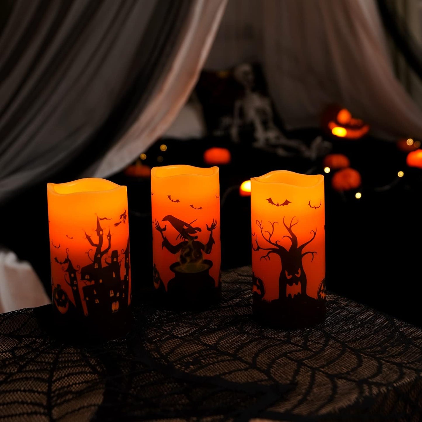Homemory Halloween Candles, Orange Flameless Candles, Real Wax Flickering Battery Operated LED Pillar Candles with Remote Timers for Halloween Spooky Decoration, Day of The Dead, 3”x6”, Set of 3