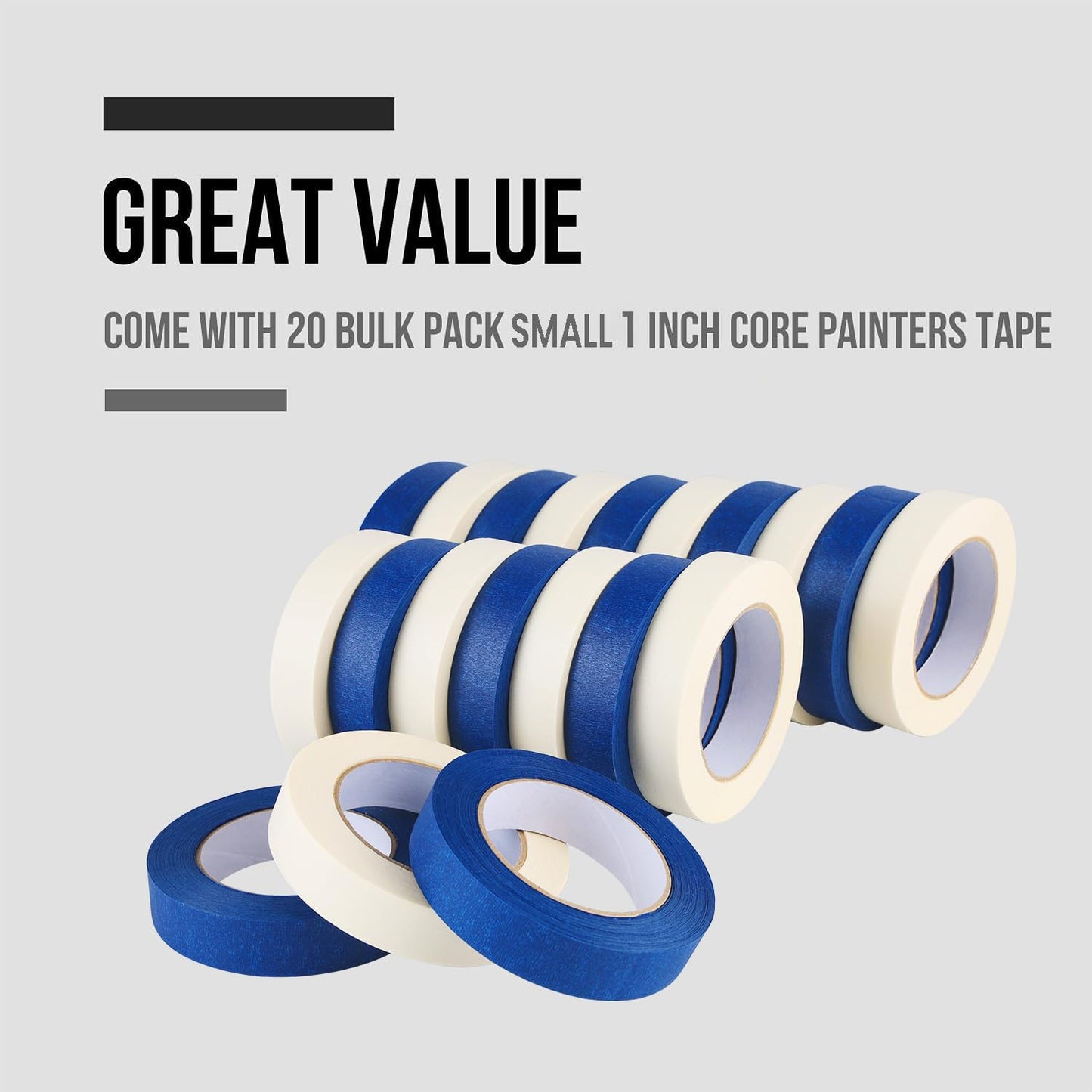 Lichamp White Masking Tape and Blue Painters Tape 1 inch Wide, 20 Variety Pack 1 inch Paint Tapes, Total 1100 Yards