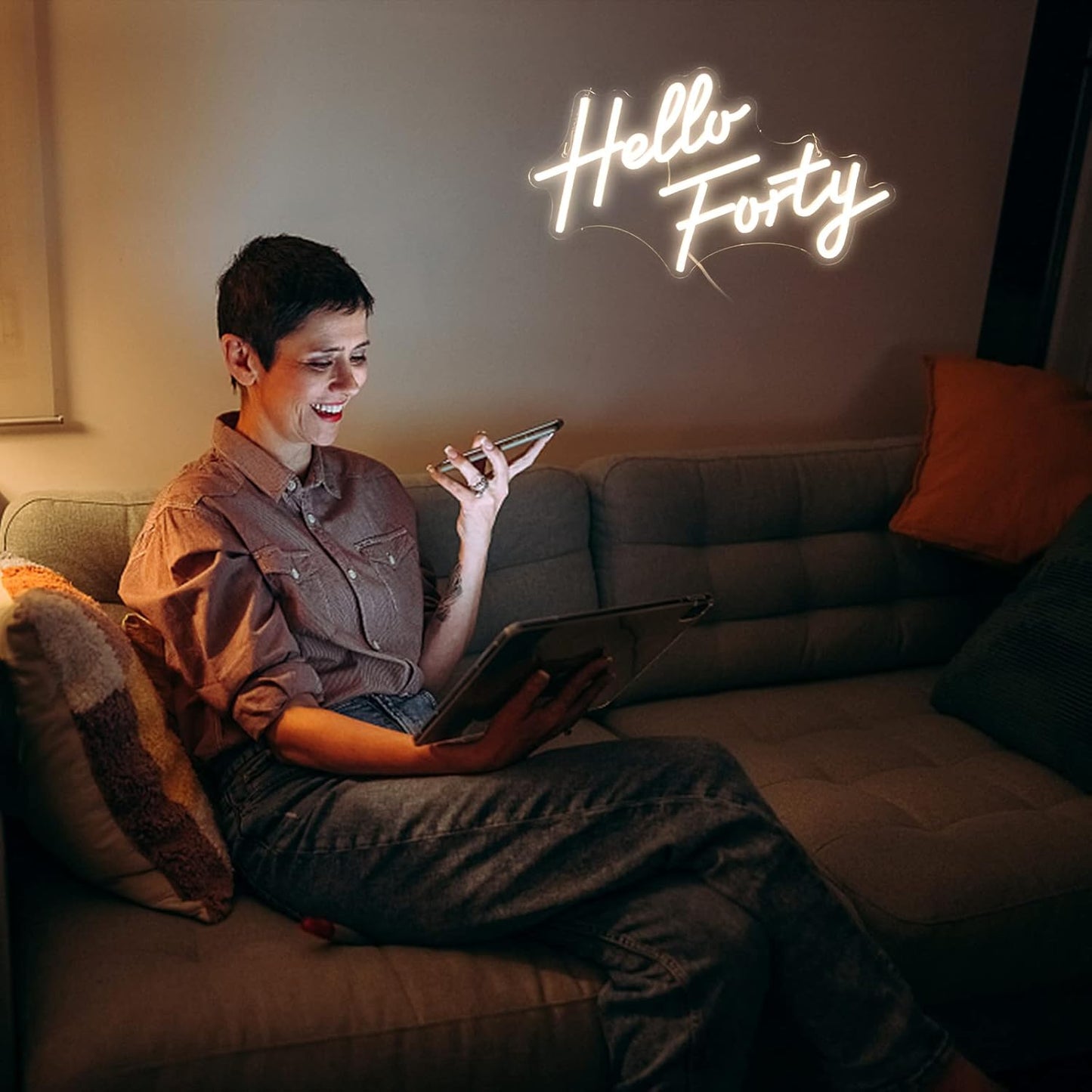 LED Hello Forty Neon Sign 16.5x9.4 inch - Dimmable Wall Decor for 40th Birthday, Bedroom, Office, Beauty Salon with USB Power