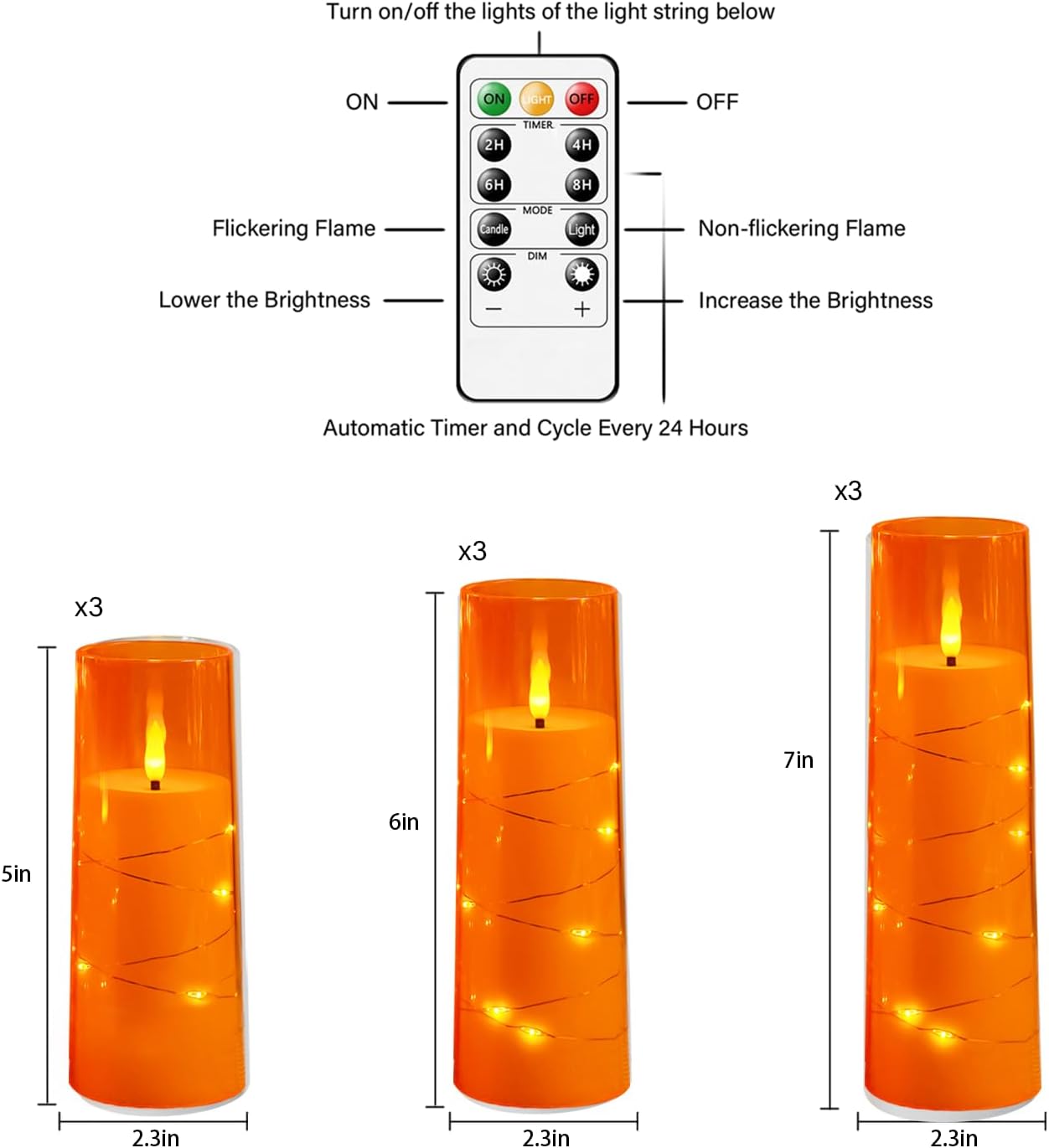 Flameless LED Candles with Timer 9 Pc Flickering Flameless Candles for Romantic Ambiance and Home Decoration Stable Acrylic Shell,with Embedded Star String，Battery Operated Candles（Orange）
