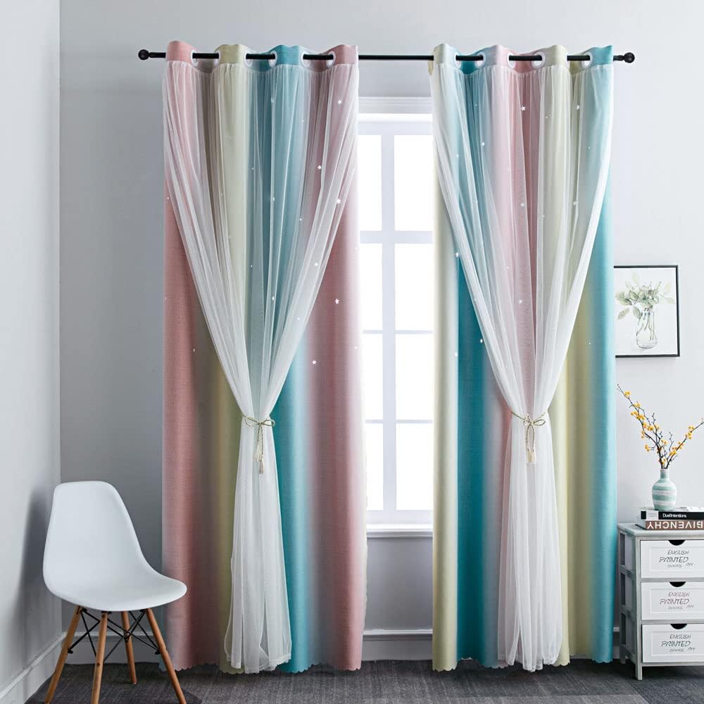FANLI Ombre Rainbow Blackout Curtains for Kid Girls Bedroom Living Room Darking Stripe Double Layer Star Cut Out Wall Home Decor Gradient Grommet Window Curtains (Pink/Blue, 52W x 72L)