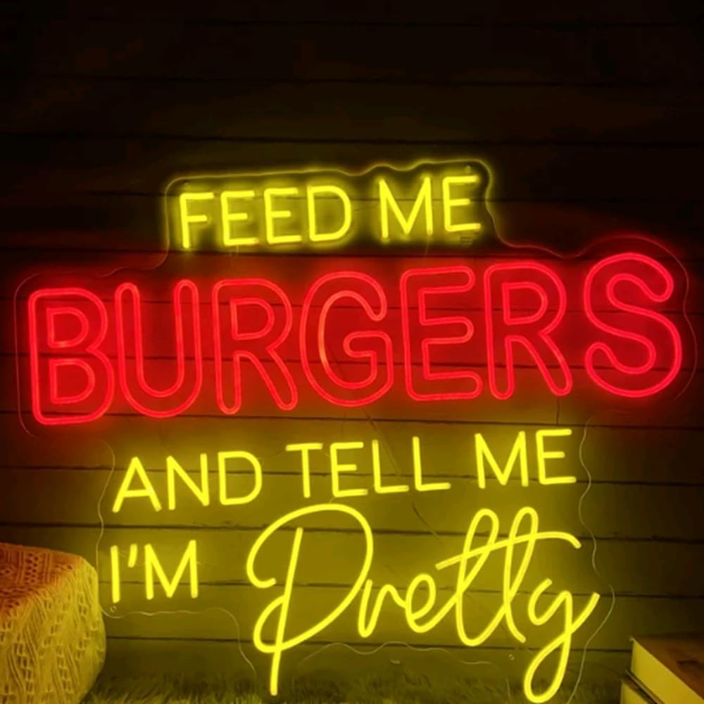 Feed Me Burger And Tell Me I'm Pretty Neon Sign Custom Hamburger Food LED Neon Light Home Wall Decor Coffee Shop Restaurant Decoration Size:20x16.5inch…