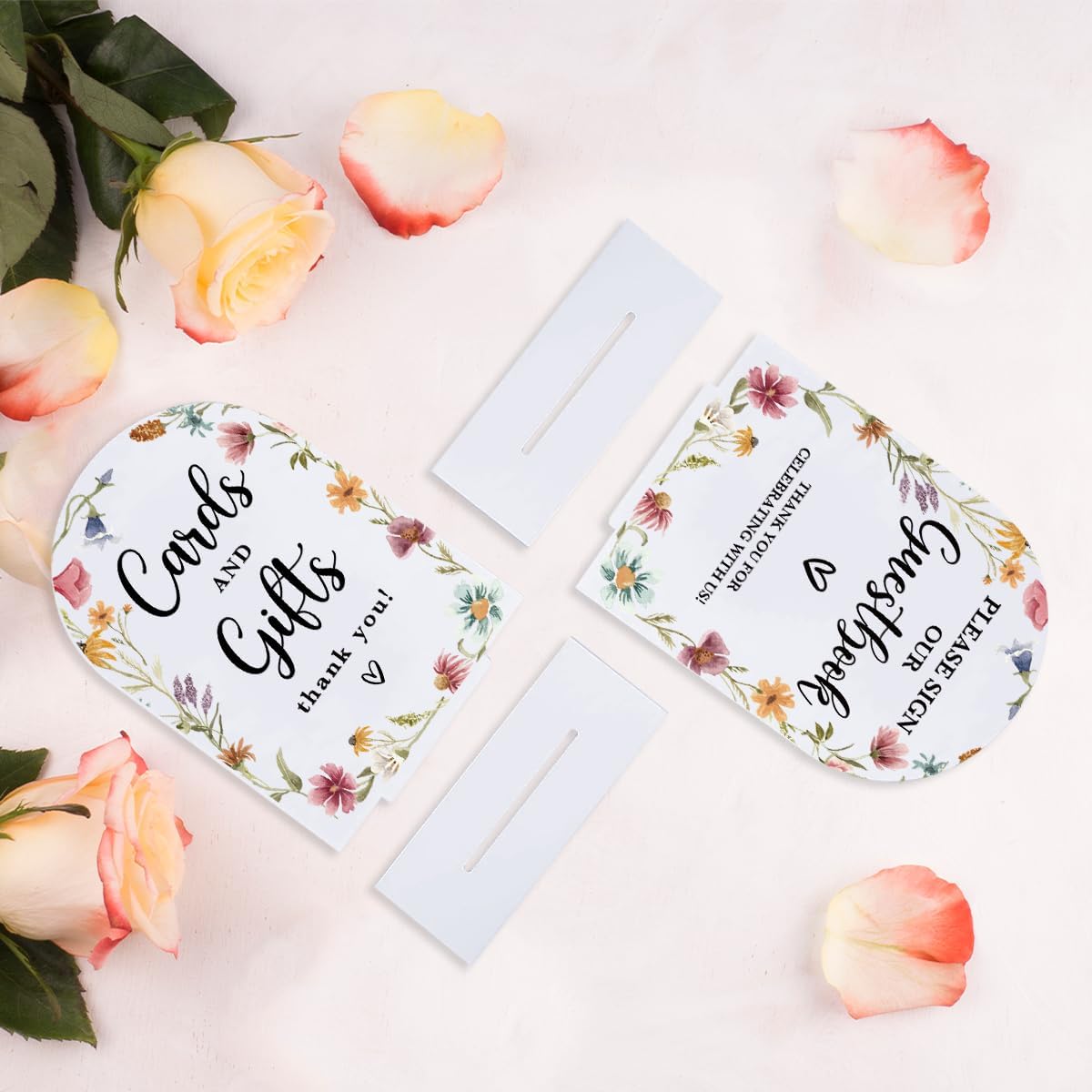 2 Pcs Acrylic Wedding Signs for Reception, Bridal Shower Decorations, Cards and Gifts Signs, Guest Book Sign, Arch Acrylic Table Top Sign with Holder for Wedding Reception (White Wildflowers)