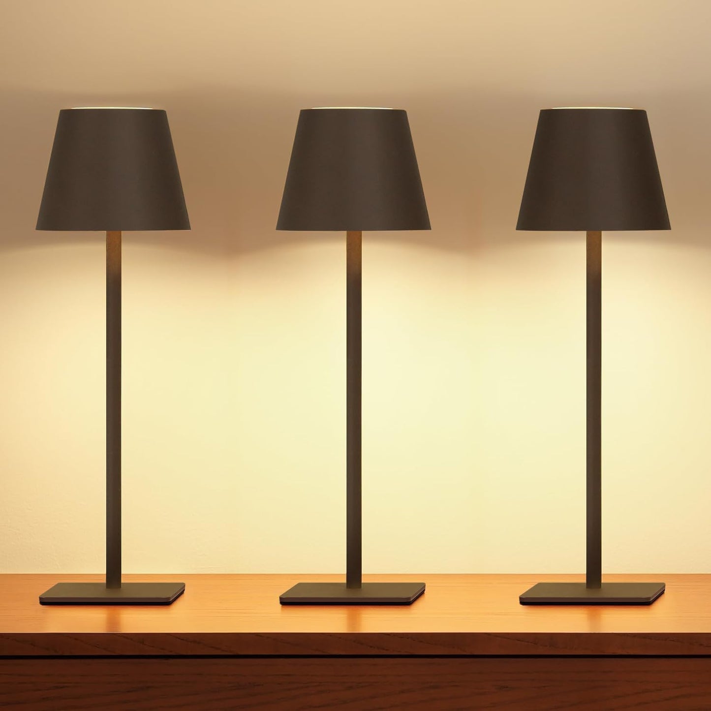 UME 3 Pack Cordless Table Lamp, Battery Operated Lamp - Portable Waterproof Rechargeable Table Lamp w/ 3 Color Temps & Stepless Dimming for Dinner, Desk, Cafe, Outdoor (Matte Brown)