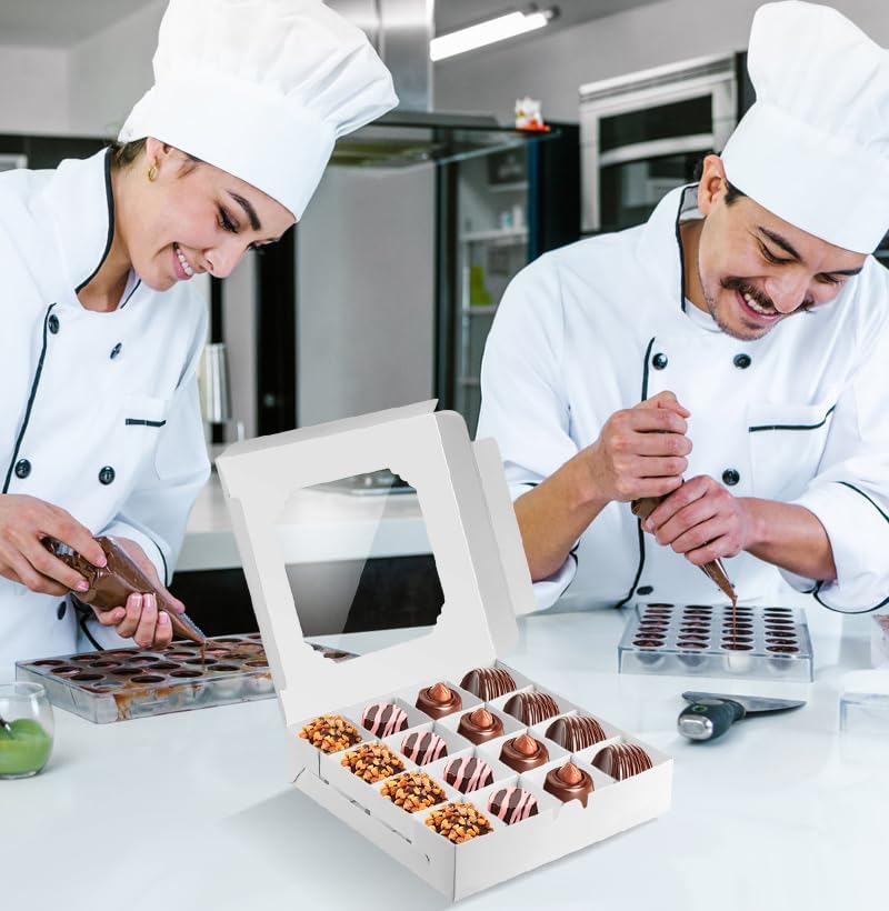 25 Pack White Bakery Boxes, Sweet Boxes with Windows and Divider, 16-Compartments Dessert Box for Chocolate Sweet Assortment