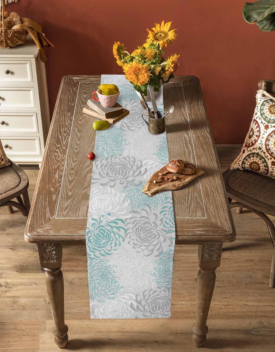 Auqa Chrysanthemum Cotton Linen Table Runner for Dining Kitchen, Wedding Outdoor Party Tablerunners Decoration, Farmhouse Floral Botanical Leaves Dresser Scarf Coffee Tablecloth Runners 13x60 Inches
