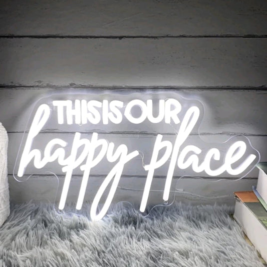 This Is Our Happy Place Neon Sign, Custom Bedroom LED Neon Light Home Bedroom Salon Wall Decor Personalized Gift Wedding Party Decoration USB Size:20x11inch