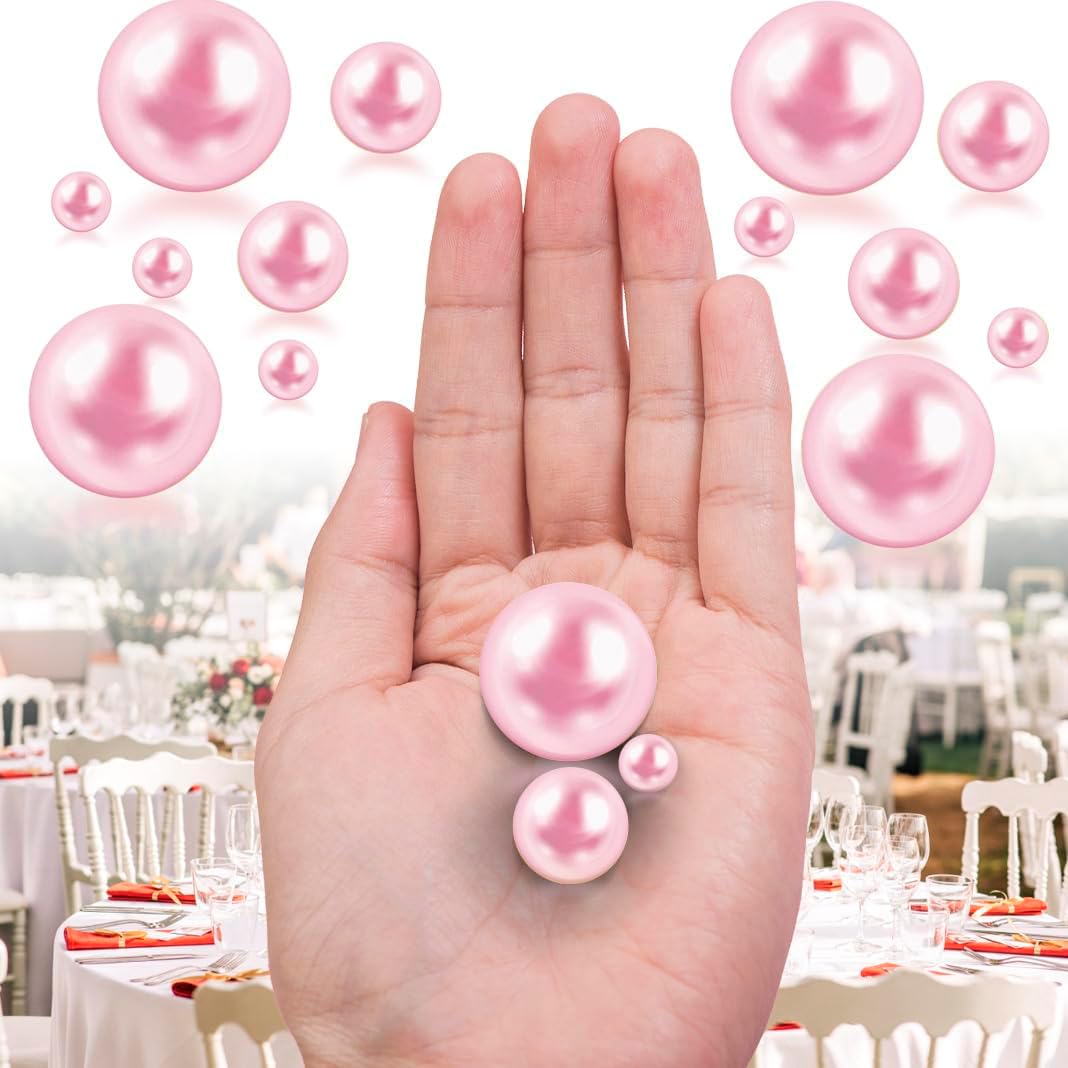 300Pcs Pink Polished No Hole Faux Pearl Beads for Vase Filling Decorations, Plastic Pearls Vase Fillers, Table Scatters, Wedding Centerpiece, Home Decor, 8/14/20 mm