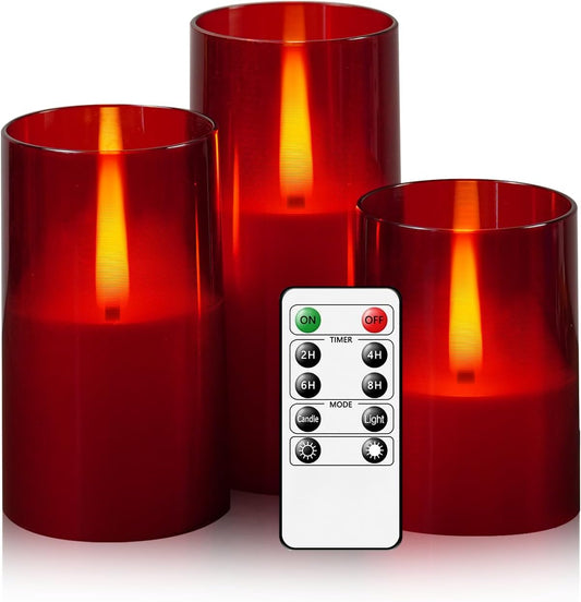 Flameless LED Candles, Upgraded Realistic Flickering Flame Pillar Battery Operated Candles with Remote Timer, Acrylic Electric Set of 3 for Home Decoration and Holiday Celebrations（Red）