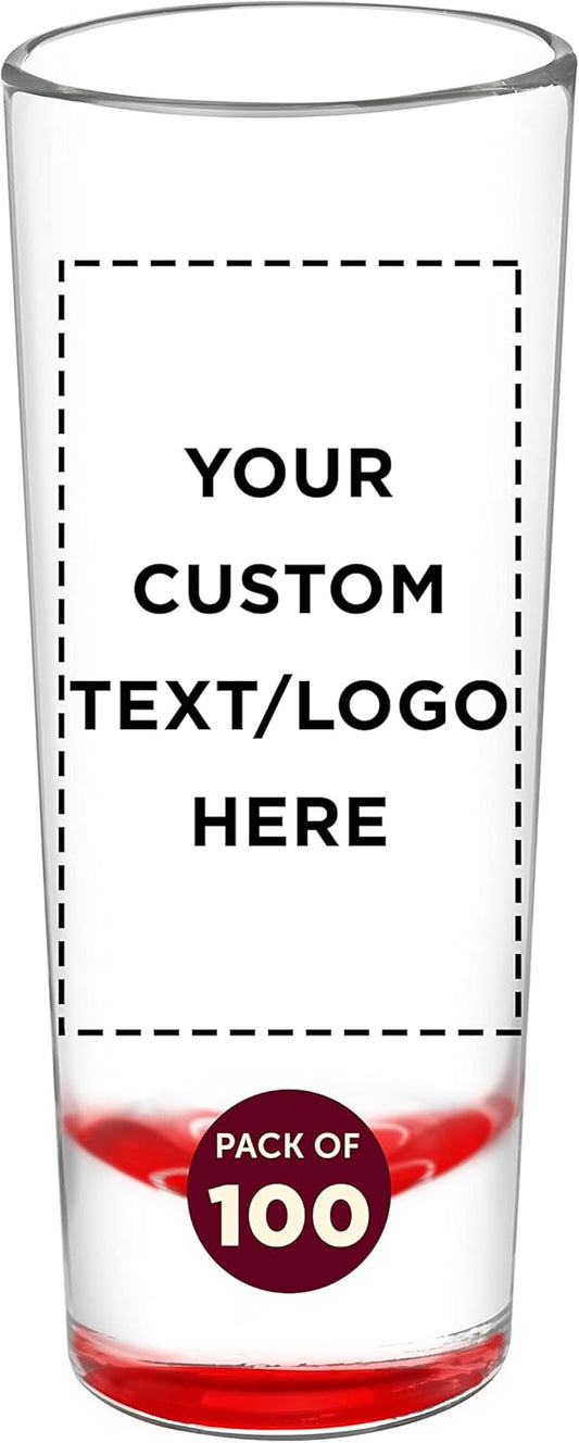 Custom Cordial Shooter Shot Glasses 2 oz. Set of 100, Personalized Bulk Pack - Great for Birthdays, Parties, Indoor & Outdoor Events - Red