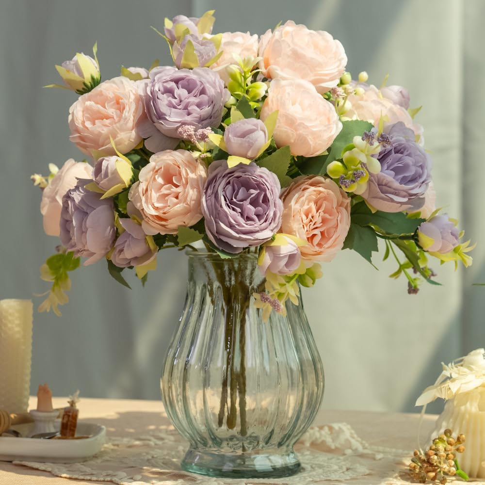 Artificial Peonies Silk Flowers in Glass Vase Faux Flowers Bouquets Modern Penoy Arrangement 4 Pack for Home Decoration Table Centerpiece (Pink Purple)