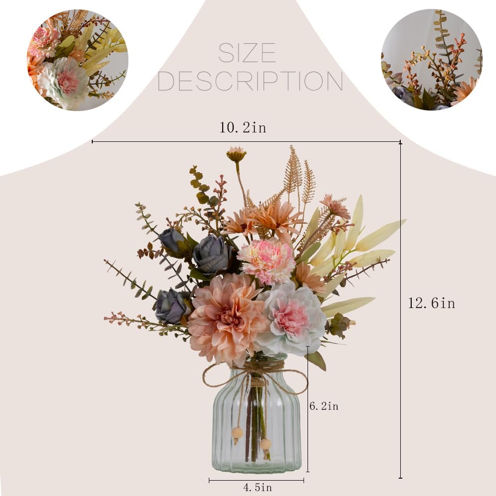 LESING Dahlia Flower Aritificial Flower with Vase Fake Silk Flowers in Glass Vase Faux Rose Flowers Arrangement for Home Office Table Centerpiece Decoration (Pink)
