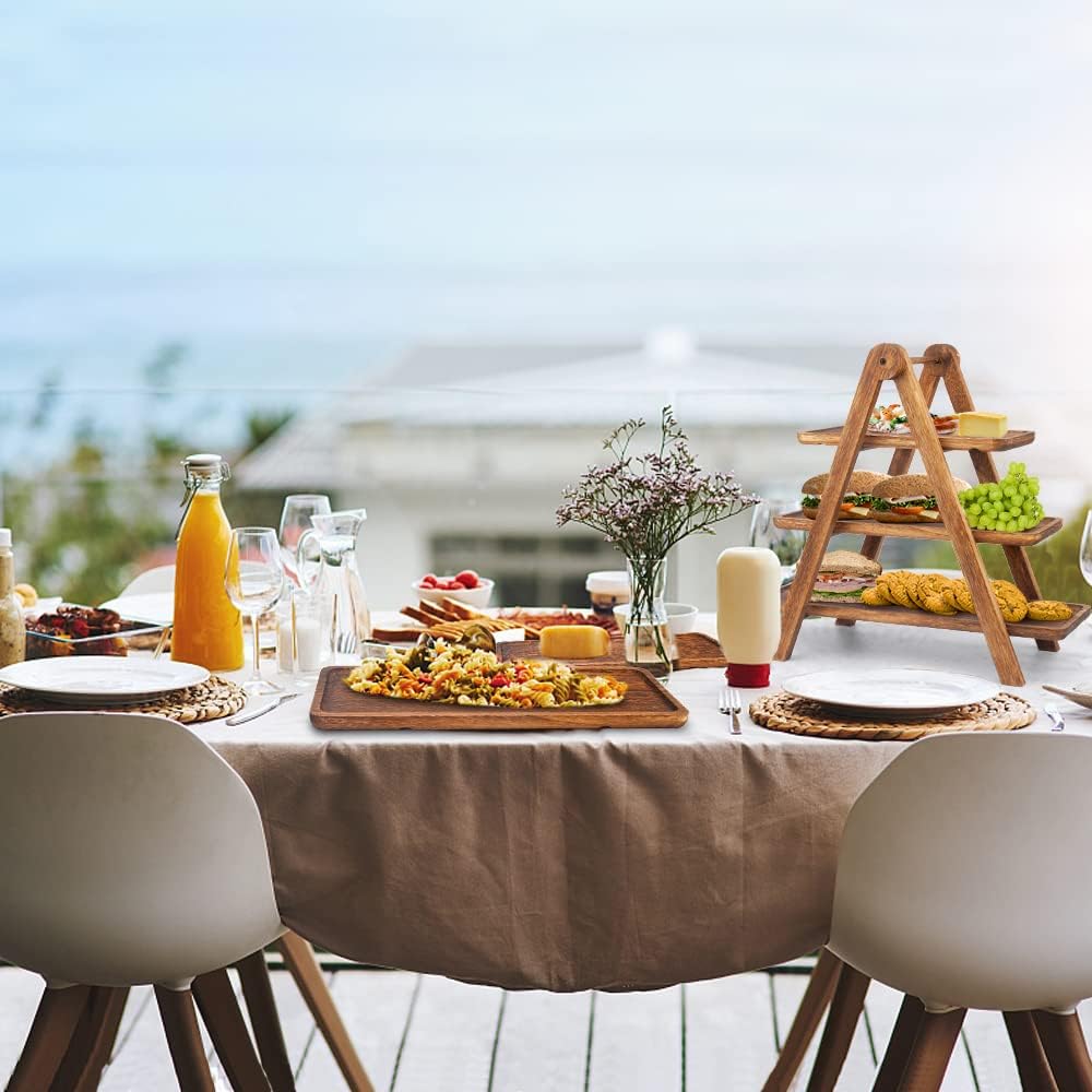 Manspdier Wood 3 Tier Serving Tray Three Tiered Serving Stand, Rectangle Serving Platter Wooden Farmhouse Tiered Tray, Party Serving Brown decorative tray tray decor