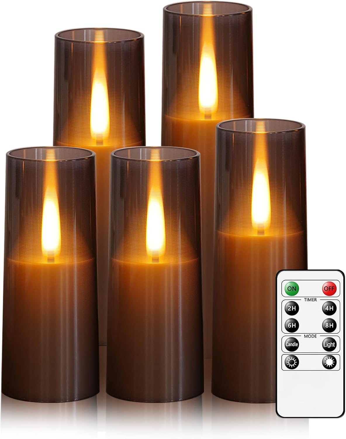 Flameless LED Candles, Upgraded Realistic Flickering Flame Battery Operated Candles with Remote Timer, Acrylic Electric Set of 5 for Romantic Ambiance and Home Decoration（Grey）