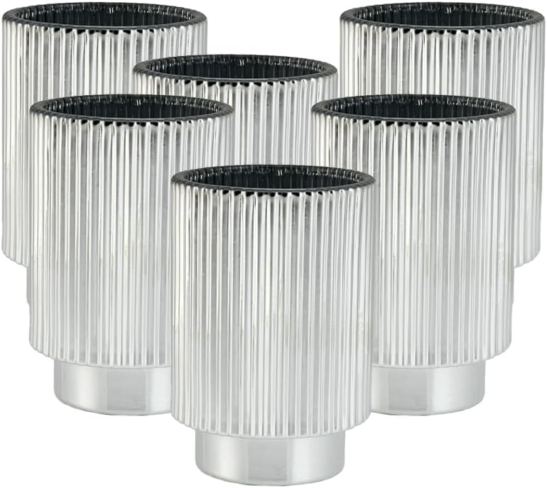 Serene Spaces Living Silver Ribbed Pedestal Glass Votive Holder, Table Centerpiece, Home, Office, Wedding, Birthday, Holiday & Special Events Decor, 3.5" Diameter & 5" Tall, Pack of 24