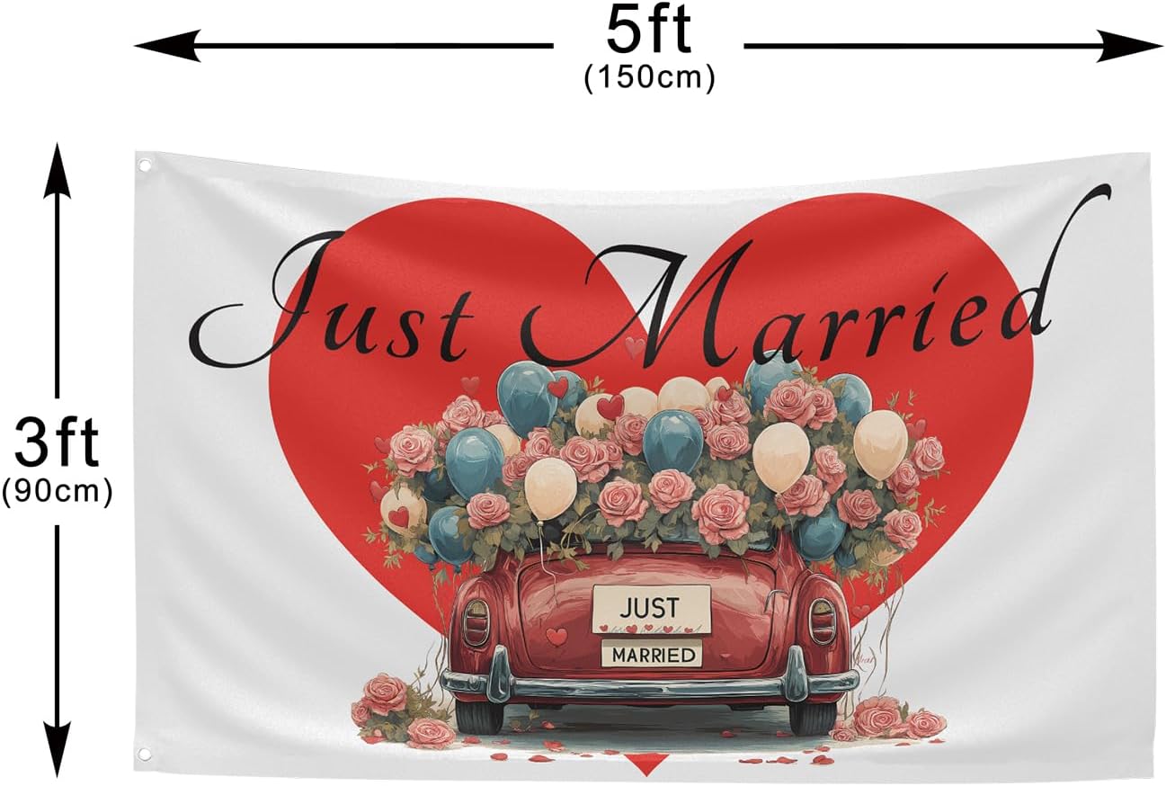Heart Just Married Flag Banner Outdoor Indoor Decoration Flag 3x5 FT Double Stitched Polyester with Brass Grommets (White)