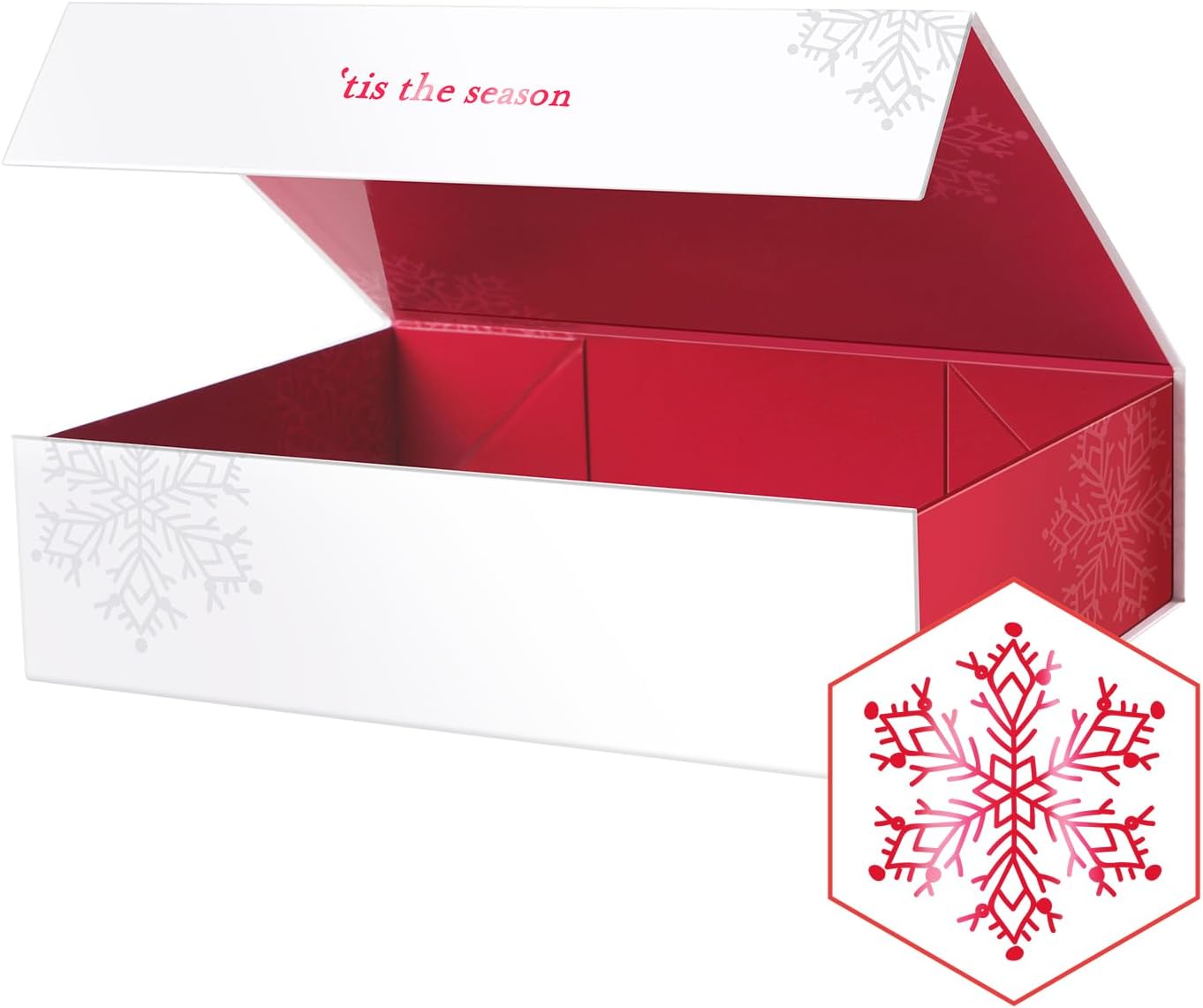 PACKHOME Christmas Gift Box 13x9.7x3.4 Inches, Large Gift Box with Lid, Sturdy Shirt Box with Magnetic Lid for Wrapping Gifts (Red Snowflake Pattern)