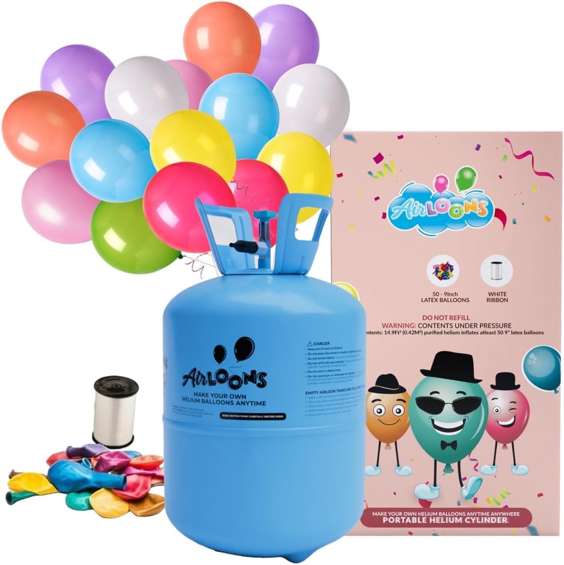 Airloons Helium Balloon Kit with 2 Pack 14.9 Cu Ft Tank - Includes 100 Multicolor 9 in Latex Balloons, Ribbon & Easy to Fill Nozzle - Easy Setup for Birthdays, Weddings, Baby Showers, DIY Party Décor