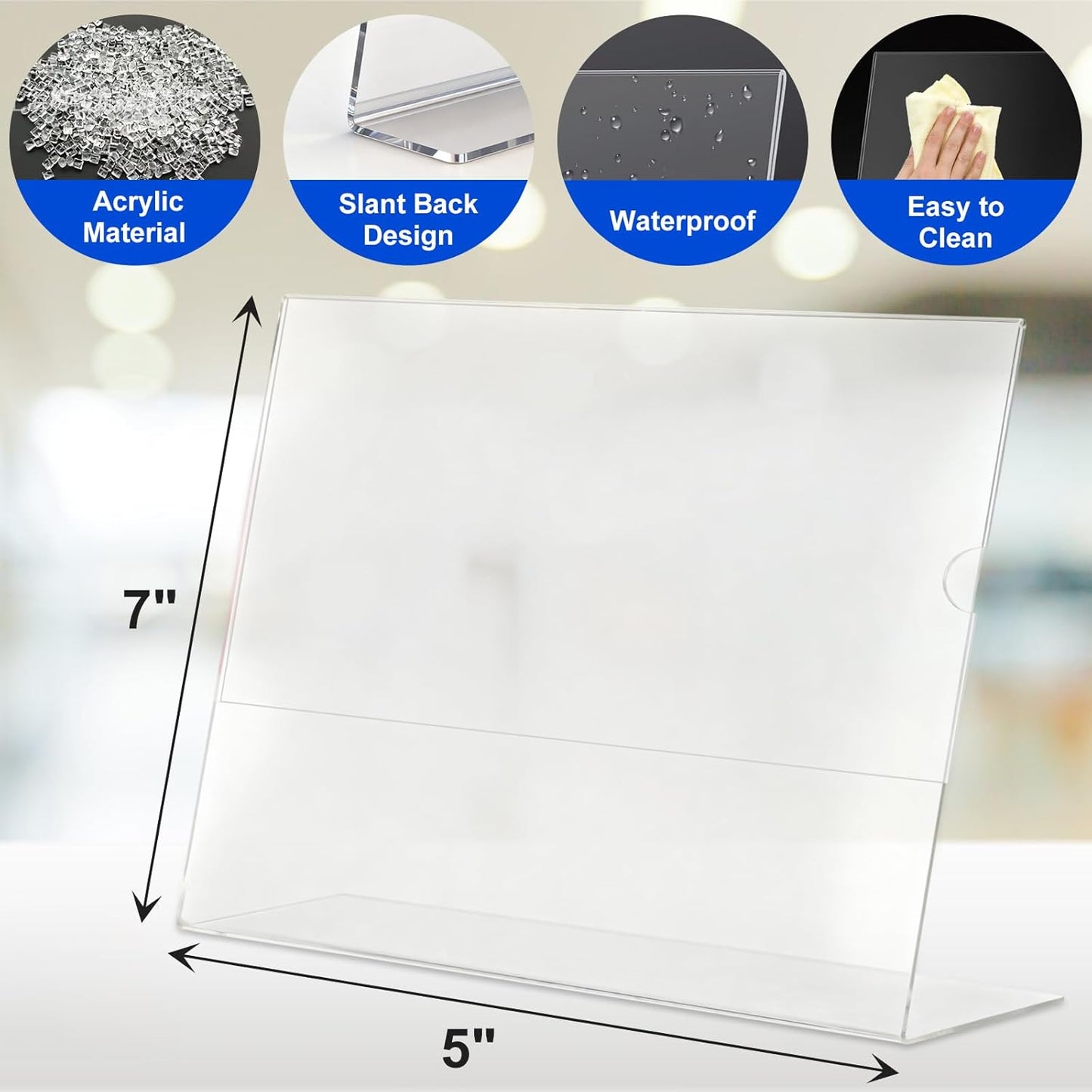 Horizontal Acrylic Sign Holder 5 x 7, L-Shape Clear Plastic Display Stand for Tabletop, Acrylic Stands for Flyers, Table Paper Holder, Vertical Sign Holder 5x7 for Restaurants, Office and School (Slant 6 Pack 7x5)