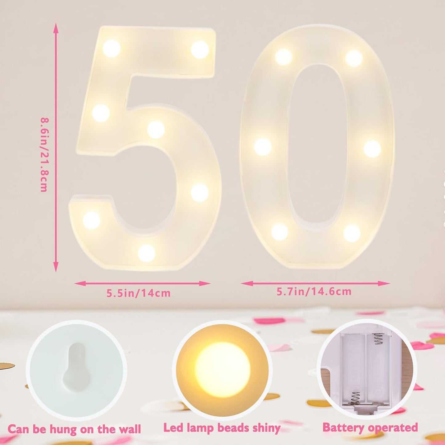 Decorative Led Light Up Numbers, 50th Birthday Decorations, Warm White Led Numbers Lights, Lighted Marquee Number Sign for Sweet 50th Party Decor