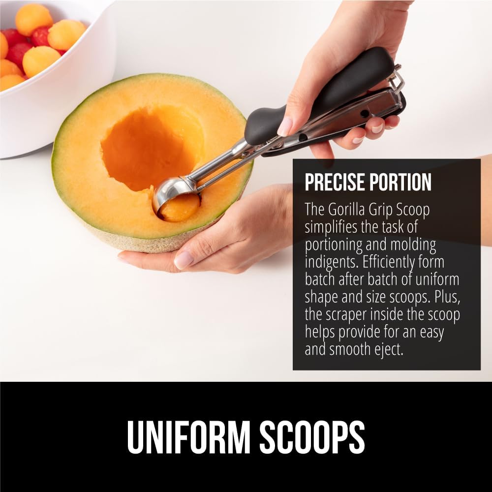 GORILLA GRIP Stainless Steel Cookie Scoop for Baking, 1 TBSP, Multipurpose Melon Baller, Meatball Spring Scoops, Perfect Portion Sizes, Easy Food Release, Scooper Size 60, BPA-Free Kitchen Tool, Black