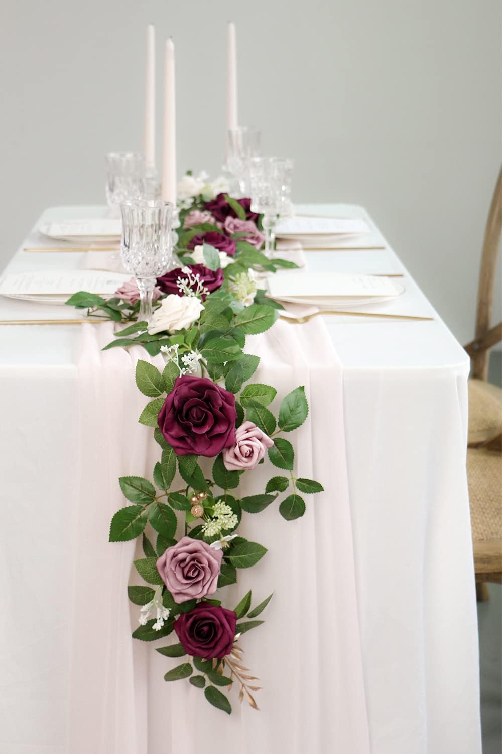 PONATIA 5FT Handcrafted Burgundy Artificial Rose Garland, Dusty Rose Flowers for Wedding Ceremony Garlands Backdrop Arch, Christmas Decorations Table Decor