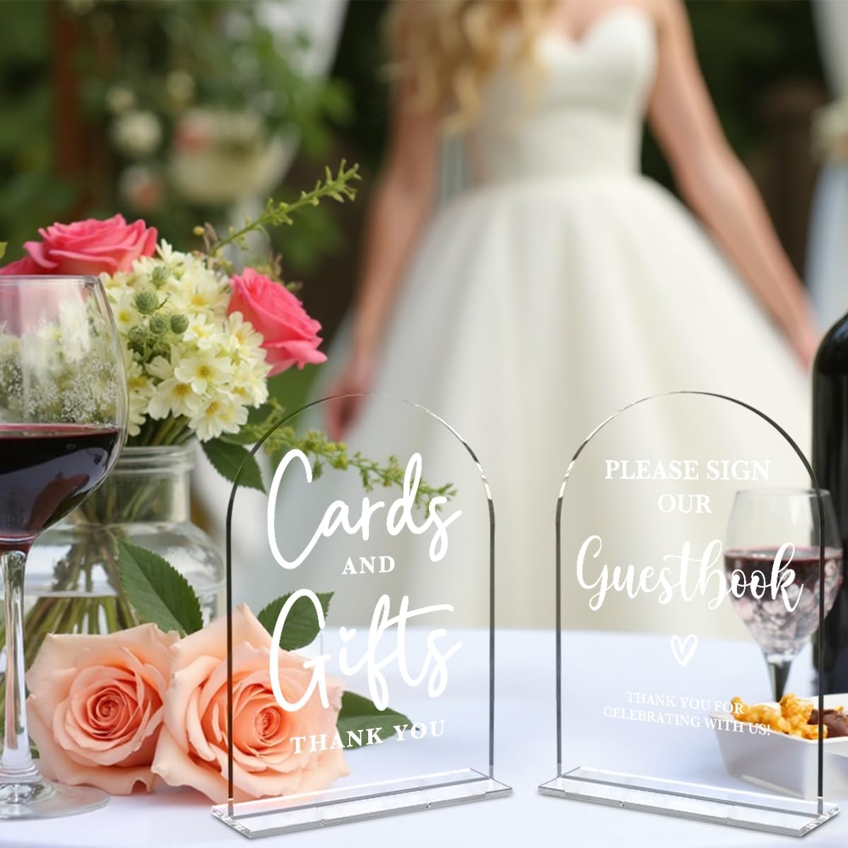 2 Pcs Acrylic Wedding Signs for Ceremony and Reception, Bridal Shower Decorations, Cards and Gifts Signs, Guest Book Sign, Arch Acrylic Table Top Sign with Holder for Wedding Reception (Clear)