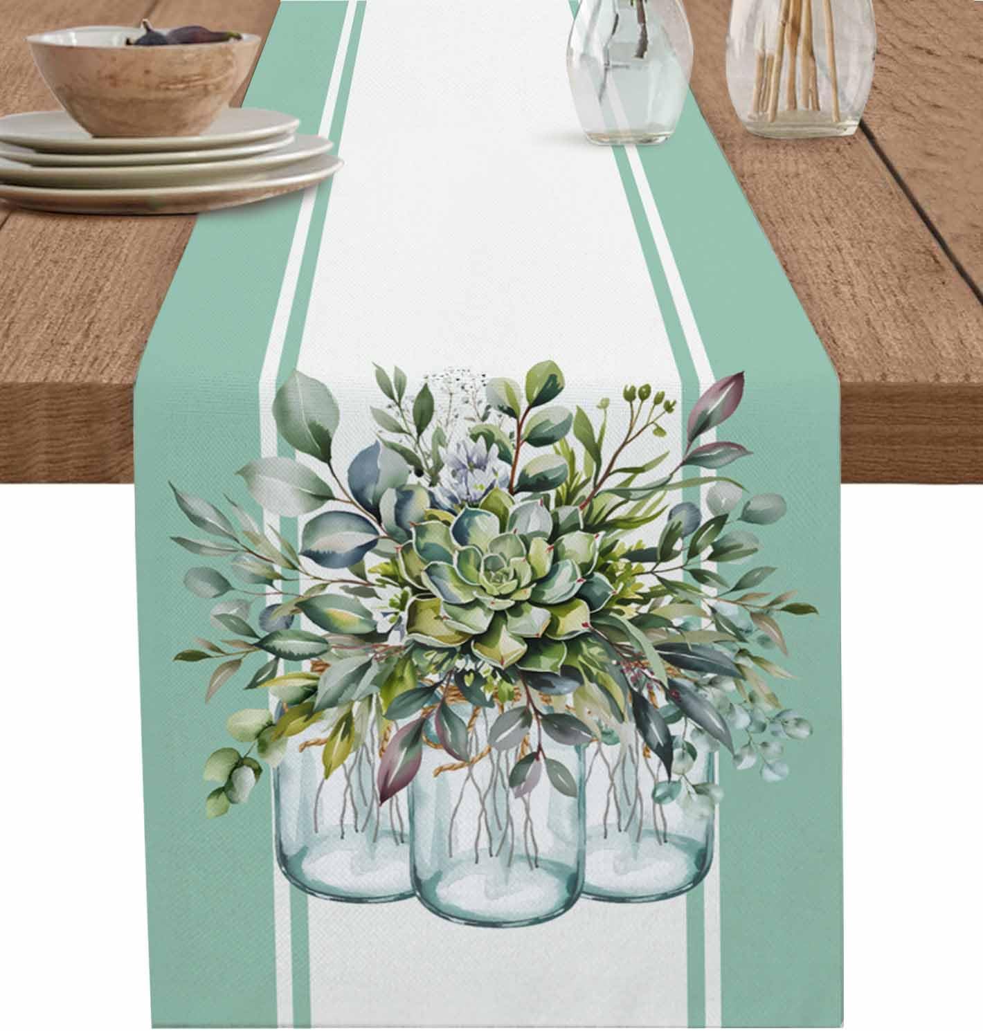 Eucalyptus Cotton Linen Table Runner for Dining Kitchen, Wedding Outdoor Party Tablerunners Decoration, Green Leaves Botanical Plants Watercolor Dresser Scarf Coffee Tablecloth Runners 13x48 Inches