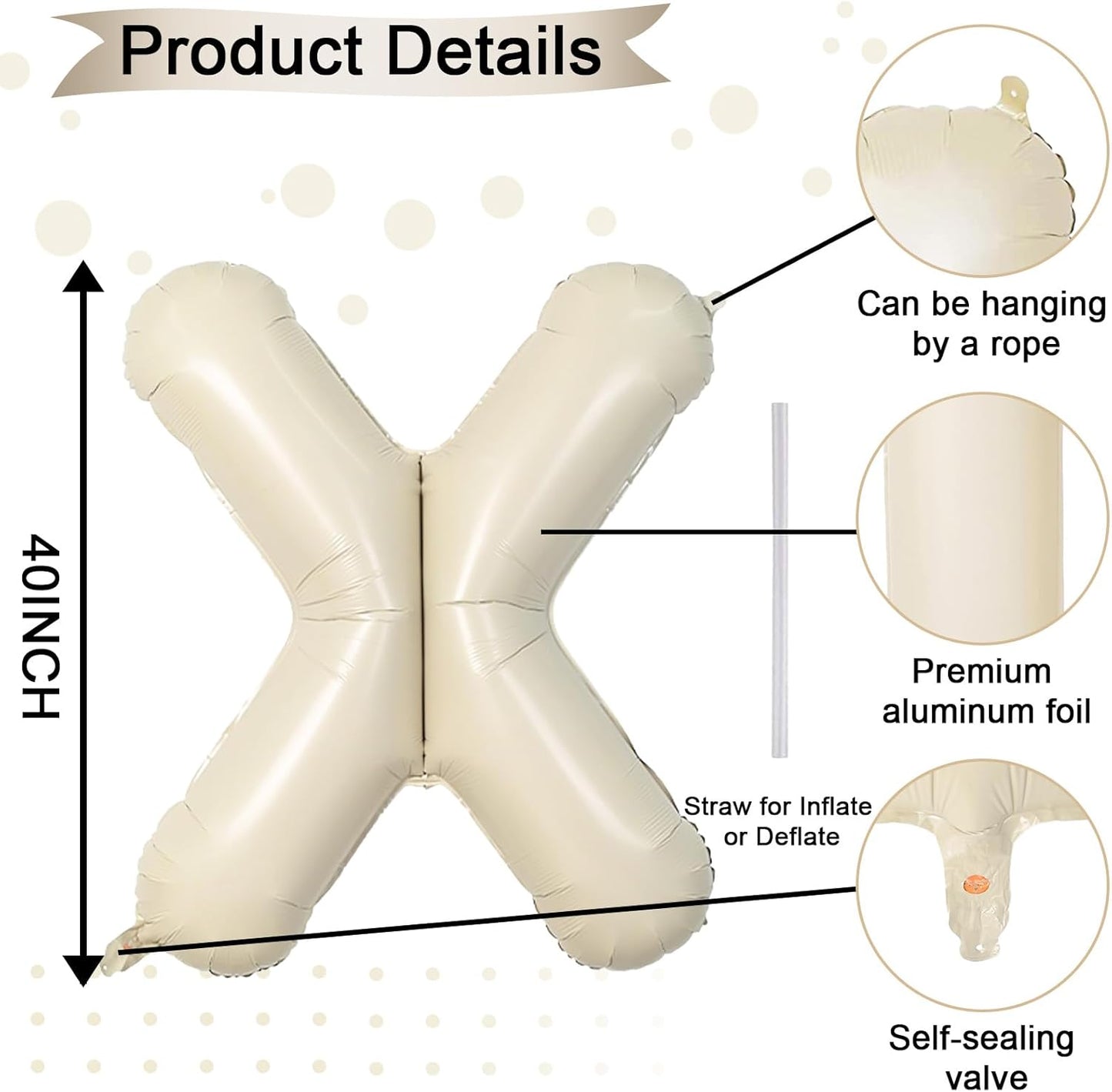 40 Inch Letter Balloons X, Big Custom A-Z Alphabet Foil Name Balloon Cream White, Self Inflating Beige Customize Helium Balloon Letters X for Women Girls Birthday Bride Baby Shower Party Decorations