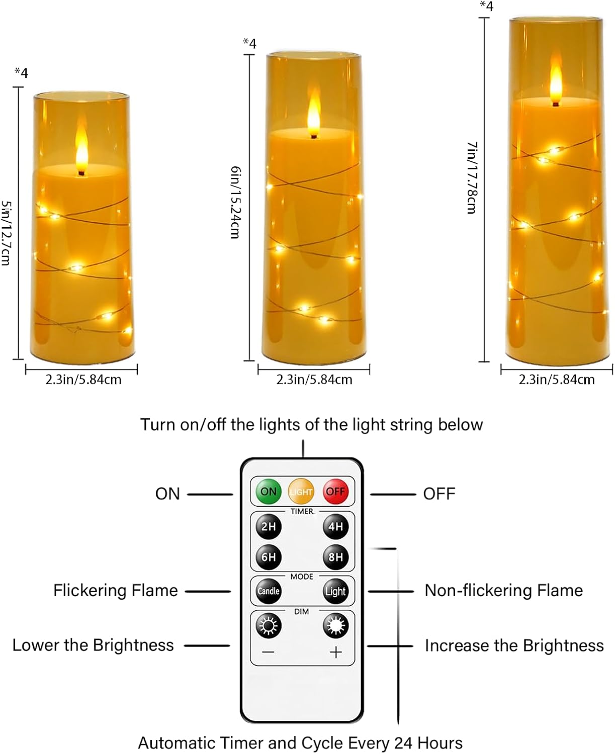Flameless Candles with Embedded Star String - Battery Operated LED Candles, with Remote,12 Gold Flickering Candles for Christmas, Weddings, Home Decor & Party,(D 2.3"×H 5" 6" 7")