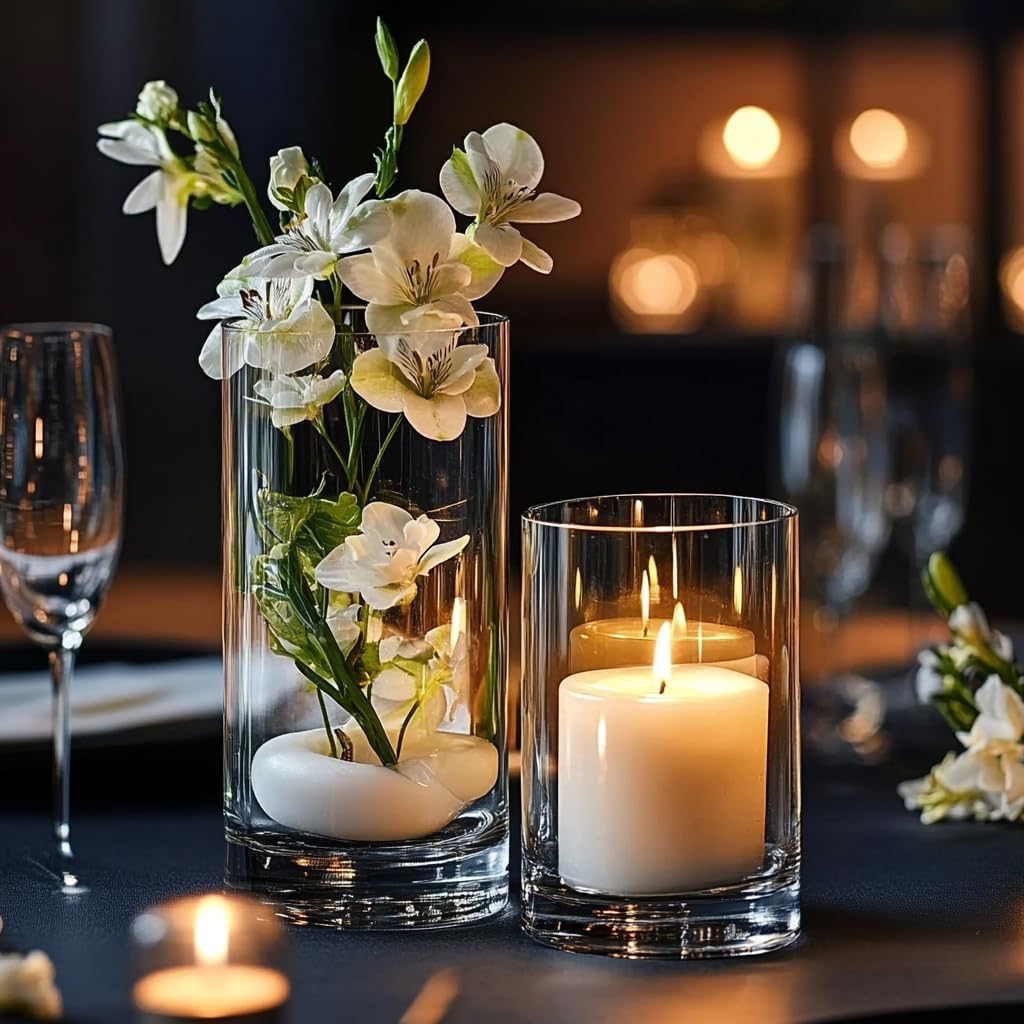 60pcs Cylinder Glass Vase for Centerpieces, 4,6,7.5,8,10 inch Tall Clear Flower Vase Bulk Floating Candle Holder for Wedding Table Home Décor and Party