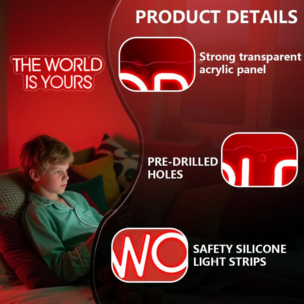 The World is Yours Neon Sign,Red Dimmable LED Light Signs for Wall Art Decor,Backdrop for Cinema Bedroom Club Party Man Cave,Gift for Boys Teen Men USB Powered（14.2"*5.5"）