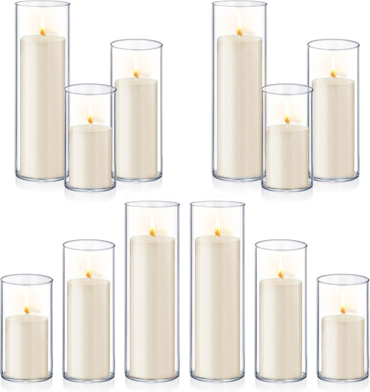 24 PCS Ivory White Pillar Candles with Glass Candle Holders Clear Hurricane Candle Holders Glass Cylinder Vases for Centerpieces Wedding Party, Event, Home Office (12 Candles+12 Candle Hoders)