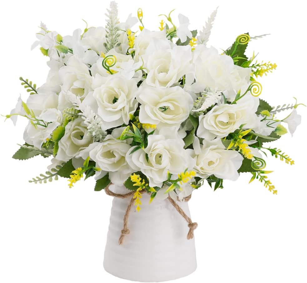 LESING Artificial Flowers with Vase for Table Centerpieces,Fake Silk Gardenia Flower in Vase Decoration for Home Office Party (White)