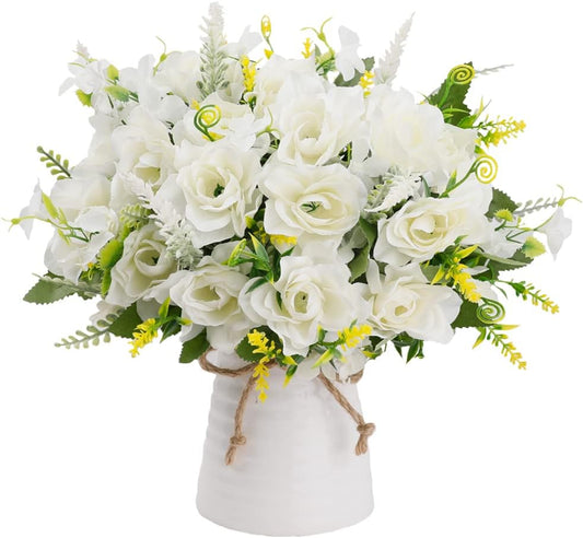 LESING Artificial Flowers with Vase for Table Centerpieces,Fake Silk Gardenia Flower in Vase Decoration for Home Office Party (White)