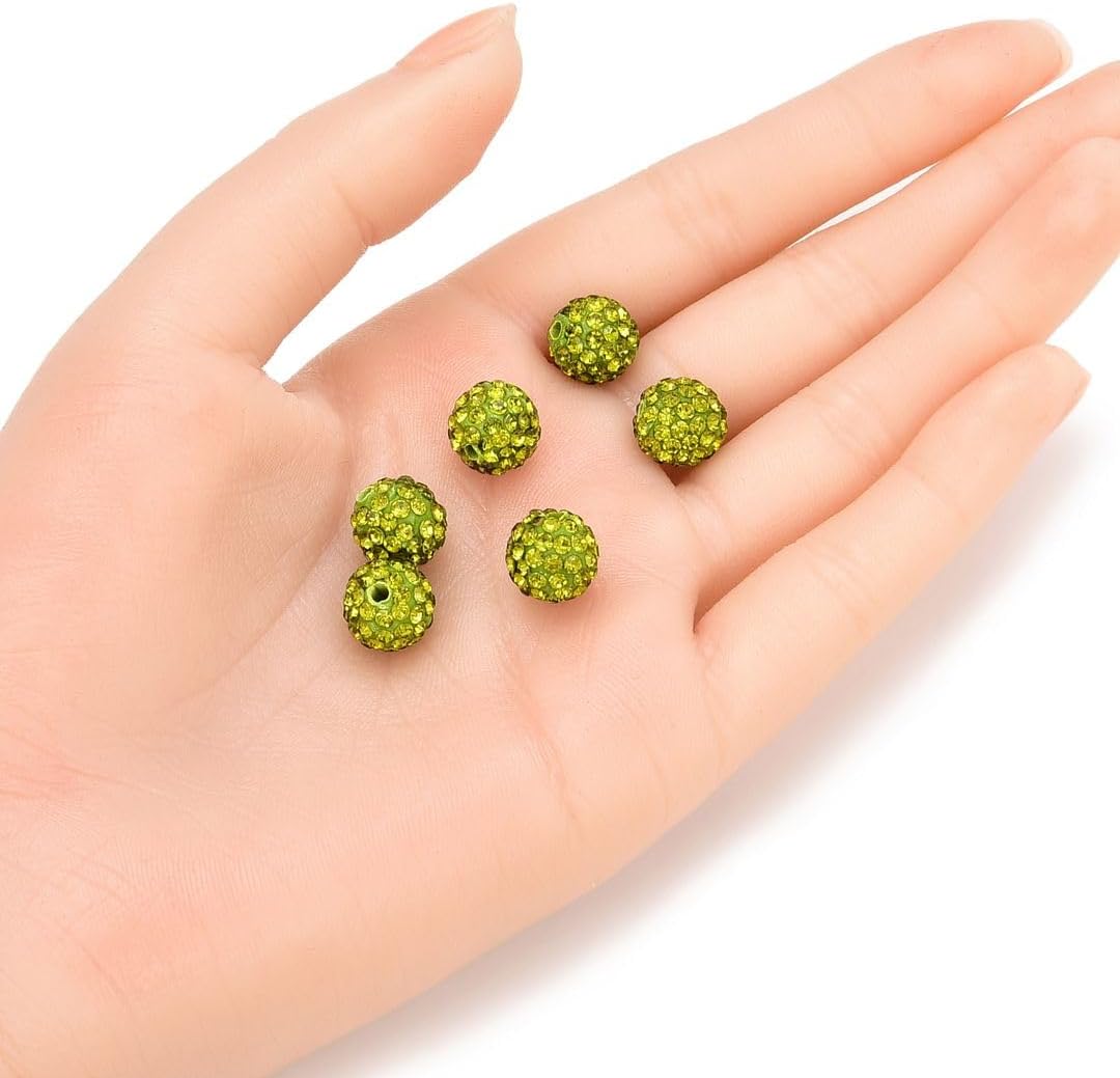 100pcs Adabele Grade A Suncatcher Crystal Rhinestone Pave Loose Beads 10mm Olivine Green Polymer Clay Disco Ball Spacers Compatible with Shamballa All Craft Jewelry Making DB10-17
