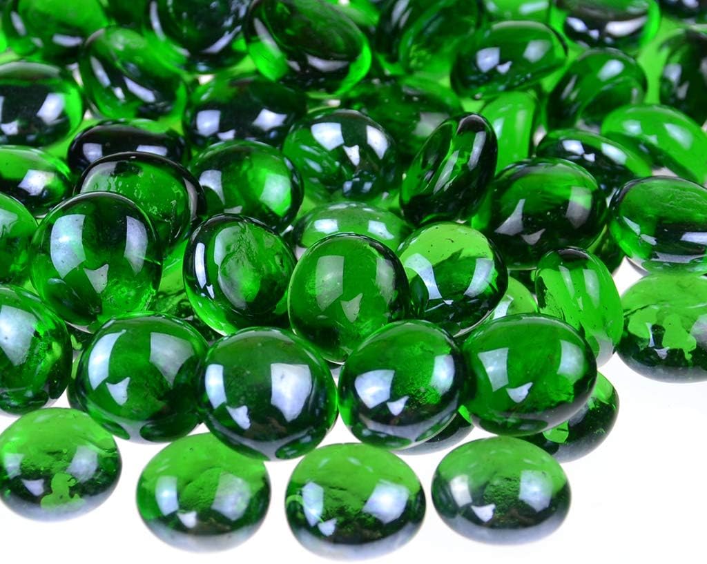 KINGOU Flat Glass Gems/Marbles/Stones/Beads for Vase Filler, Table Scatter, Games - 1 Lbs (17-19mm, Approx. 3/4")-Green
