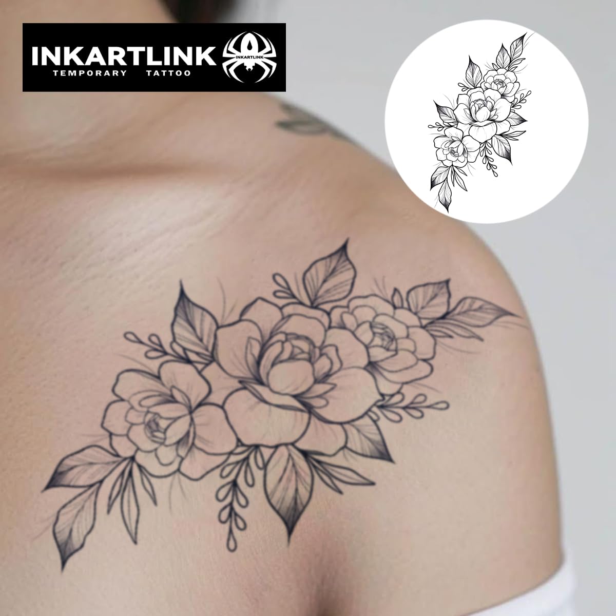 INKARTLINK Tattoo Tech, 2 Sheets Extra Large Semi Permanent Tattoo, Adult Art Design Temporary Tattoos, Lasts 1-2 Weeks, Waterproof, Realistic Look, No Adhesive, No Reflection (Flower)202