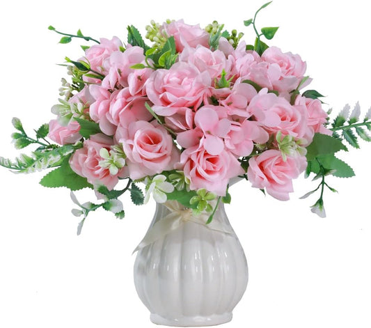 LESING Artificial Rose Silk Hydrangea Flowers Bouquets with Vase Rustic Fake Flowers for Home Decoration Table Centerpiece (Pink)