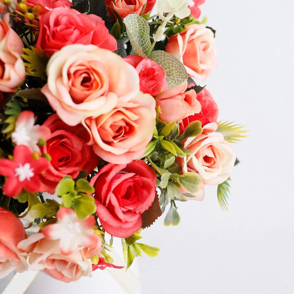 LESING Artificial Silk Rose with Vase Fake Flowers Wedding Flowers Bouquets Arrangement Home Office Party Centerpiece Table Decoration (Red)