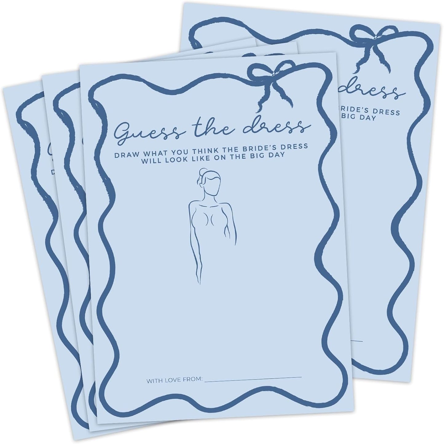 DEEKA 30 PCS Bridal Shower Games Card for 30 Guests Blue Wavy Border Ribbon Bow Funny Wedding Bachelorette Party Games for Reception (Guess The Dress)