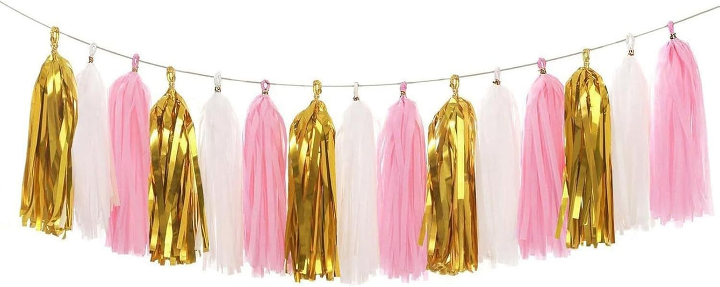 Paper Tassel Garland Banner - Tissue Paper Tassels for Bridal Shower, Wedding, Baby Shower, Birthday Decorations (Metallic Gold+Pink+White), 15 PCS