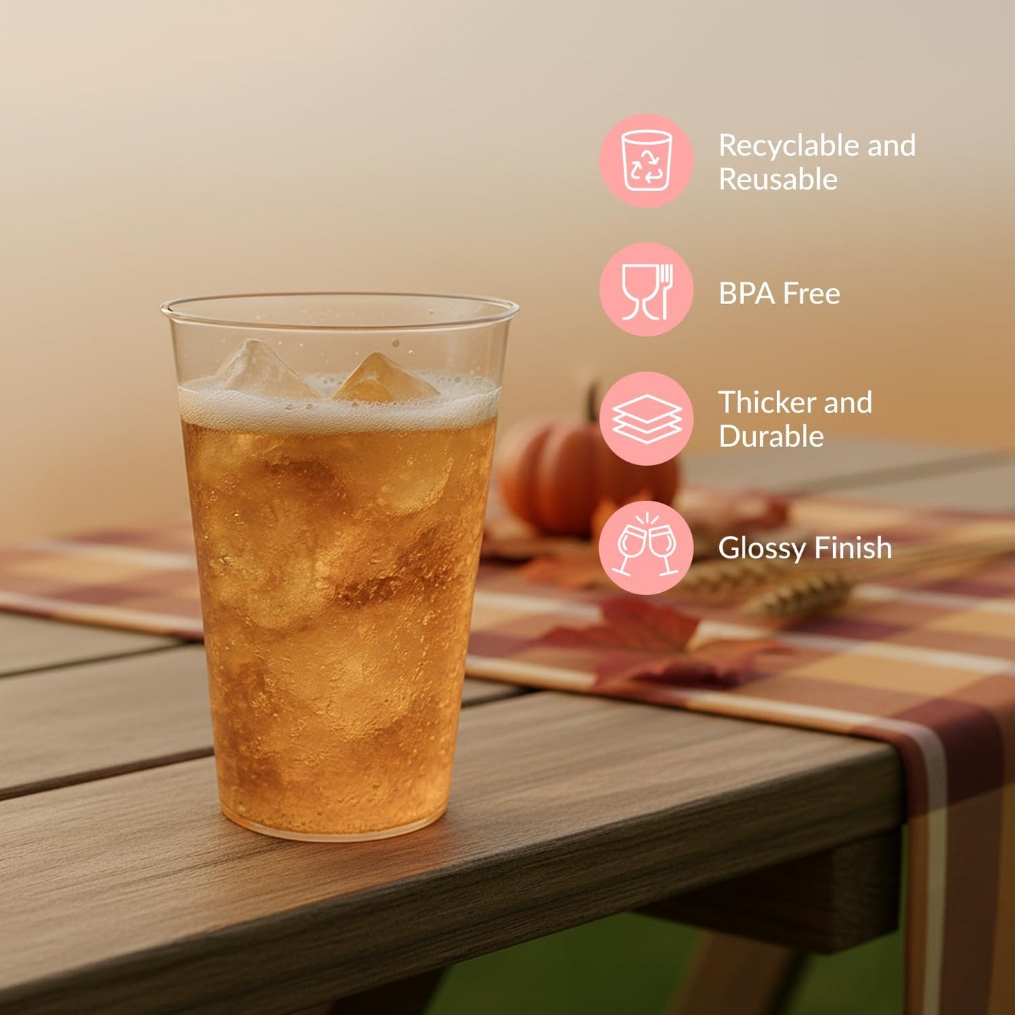 Prestee 100 Clear 14 Ounce Plastic Cups - Hard Plastic Disposable Tumblers for Wine, Cocktails, Water, and Beer - Sturdy Large Clear Cups for Parties, Weddings, Events - Reusable or Disposable